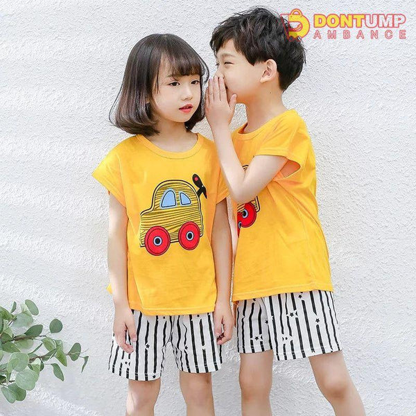 Summer Super Comfy Cotton Breathable T-shirt + Shorts Yellow Car Print