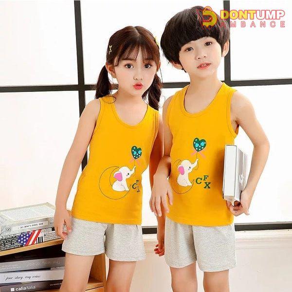 Summer Super Comfy Cotton Breathable T-shirt + Shorts Yellow Moon And White Elephant Print