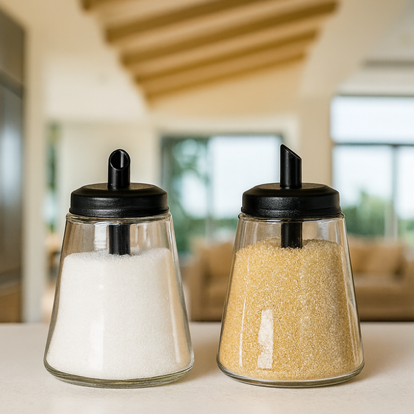 Glass Sugar Dispenser Set with Black Lids – White & Brown Sugar Containers"