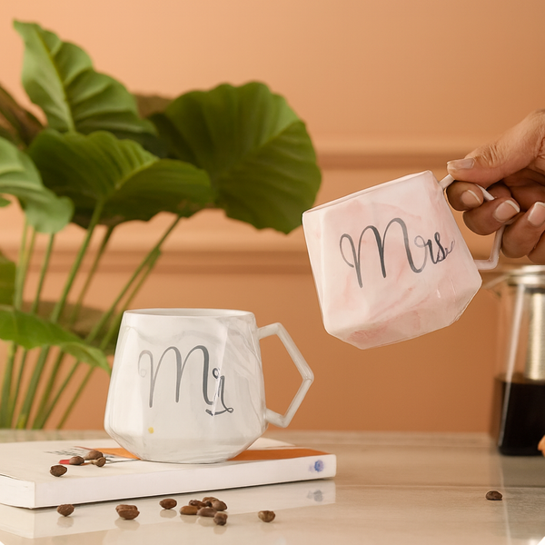 Mr. & Mrs. Marble Ceramic Mug Set – Elegant Couple Coffee Cups