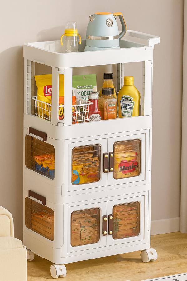 MODERN 3-TIERS STORAGE CABINET WITH MOVEABLE WHEELS