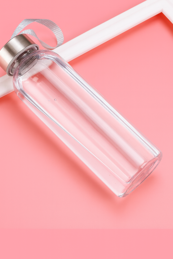 Clear Glass Water Bottle with Stainless Steel Lid & Carry Strap