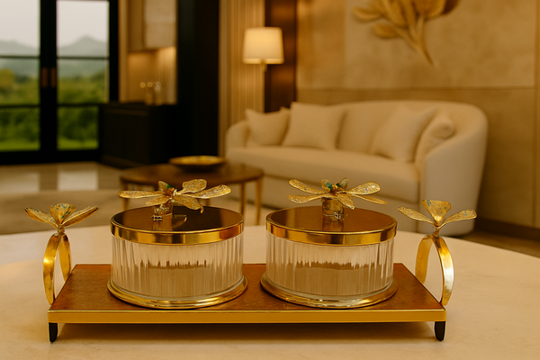 Ornate Glass & Gold Dragonfly Double Canister Set with Tray