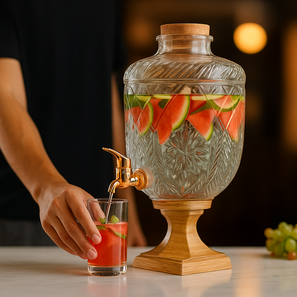 Elegant Crystal Glass Beverage Dispenser with Wooden Stand & Golden Tap – Perfect for Juices, Infused Water & Parties