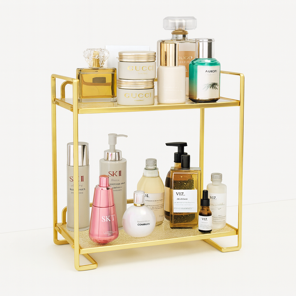 Two-Tier Gold Metal Vanity Organizer for Cosmetics & Skincare