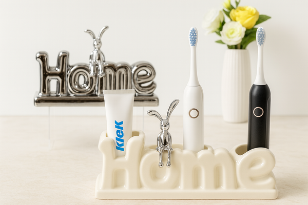 Home-Themed Ceramic Toothbrush Holder with Bunny Figurine – Dual Electric Toothbrush & Toothpaste Stand