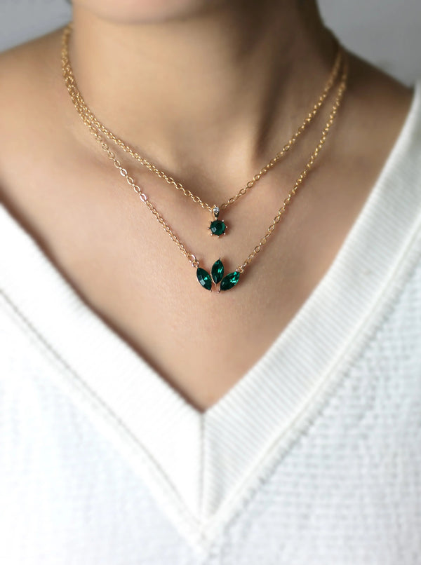 "Elegant Layered Gold Necklace with Green Crystal Pendants – Double Chain Jewelry for Women"