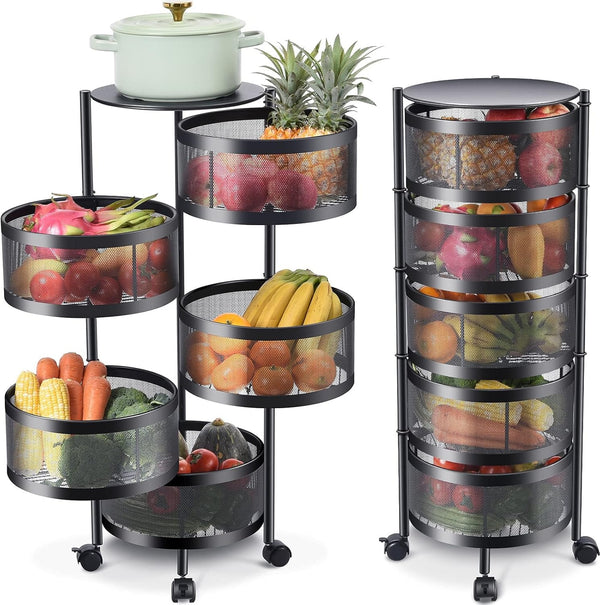 "5-Tier Rotating Kitchen Storage Trolley with Wheels – Multi-Layer Mesh Basket Organizer for Fruits & Vegetables"
