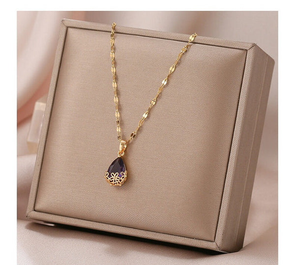 Gold Plated Stainless Steel Deep Purple Teardrop Pendant Necklace
