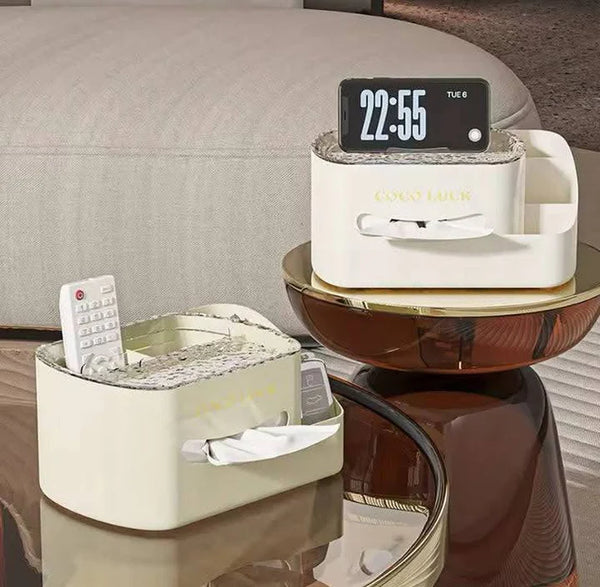 "Multifunctional Tissue Box Holder with Phone Stand & Side Organizer – Modern Desk & Bedroom Storage"