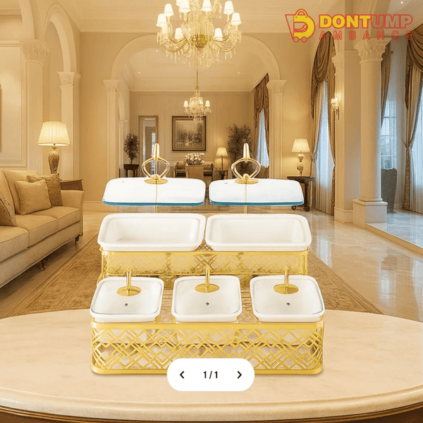 Luxury 6-Piece Golden Serving Tray Set with Ceramic Bowls – Royal Tableware Organizer
